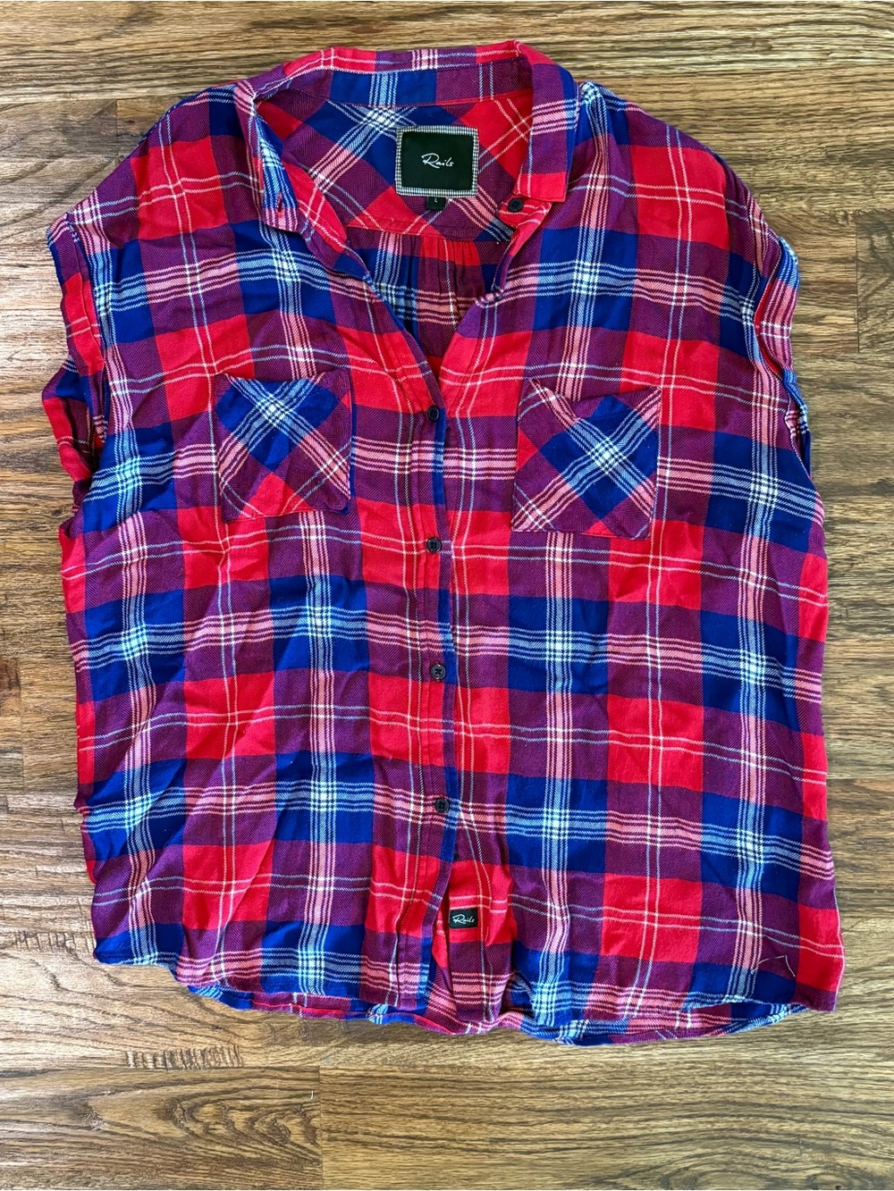 Rails sleeveless plaid flannel shirt, women’s size large, Britt, red & blue